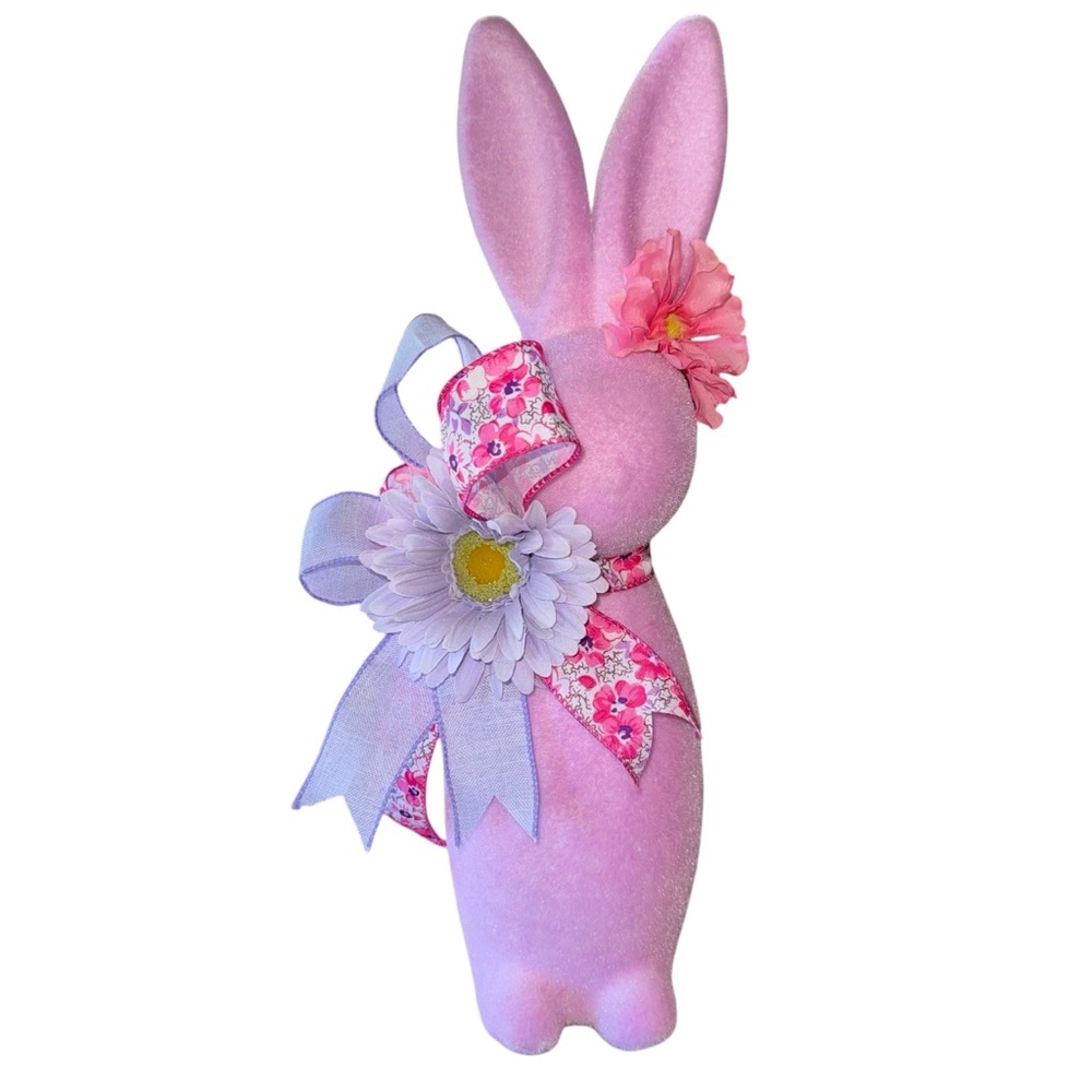 Easter Flocked Velvet Bunny Lavender Pink Bow Floral 16” Tall Easter Decor